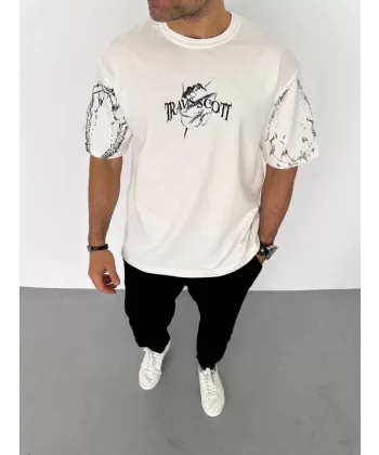 Unisex Bisiklet Yaka Baskılı Oversize T-Shirt - Beyaz