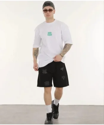 Unisex Bisiklet Yaka Baskılı Oversize T-Shirt - Beyaz