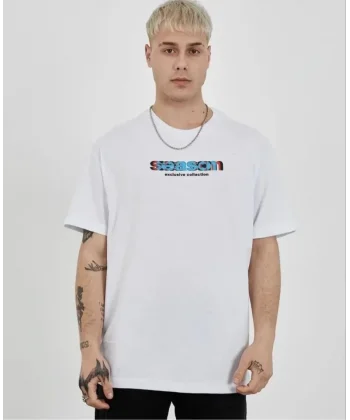 Unisex Bisiklet Yaka Baskılı Oversize T-Shirt - Beyaz