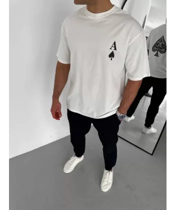 Unisex Bisiklet Yaka Baskılı Oversize T-Shirt - Beyaz