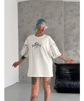 Unisex Bisiklet Yaka Baskılı Oversize T-Shirt - Beyaz