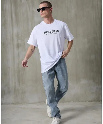 Unisex Bisiklet Yaka Baskılı Oversize T-Shirt - Beyaz