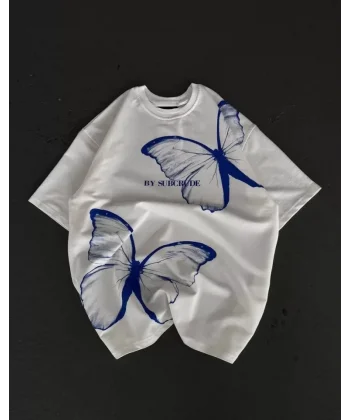 Unisex Bisiklet Yaka Baskılı Oversize T-Shirt - Beyaz