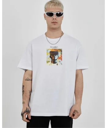 Unisex Bisiklet Yaka Baskılı Oversize T-Shirt - Beyaz