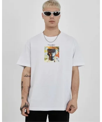 Unisex Bisiklet Yaka Baskılı Oversize T-Shirt - Beyaz