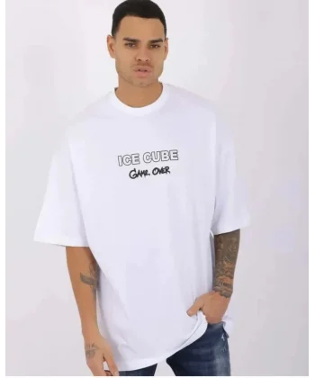 Unisex Bisiklet Yaka Baskılı Oversize T-Shirt - Beyaz