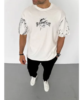 Unisex Bisiklet Yaka Baskılı Oversize T-Shirt - Beyaz