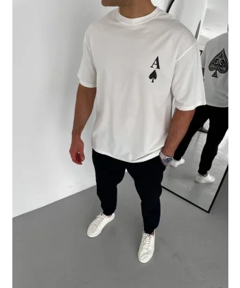 Unisex Bisiklet Yaka Baskılı Oversize T-Shirt - Beyaz