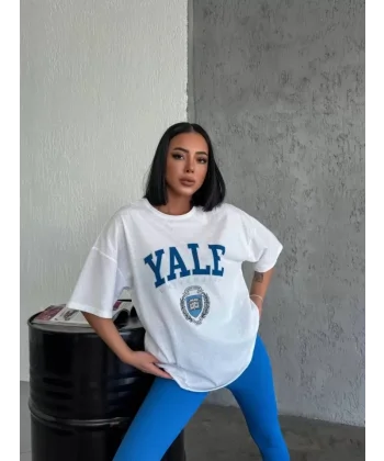 Unisex Bisiklet Yaka Baskılı Oversize T-Shirt - Beyaz