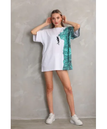 Unisex Bisiklet Yaka Baskılı Oversize T-Shirt - Beyaz