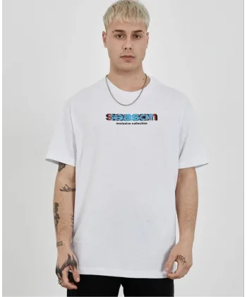Unisex Bisiklet Yaka Baskılı Oversize T-Shirt - Beyaz