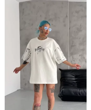 Unisex Bisiklet Yaka Baskılı Oversize T-Shirt - Beyaz