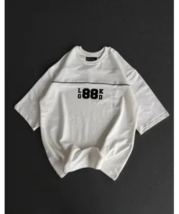 Unisex Bisiklet Yaka Baskılı Oversize T-Shirt - Beyaz