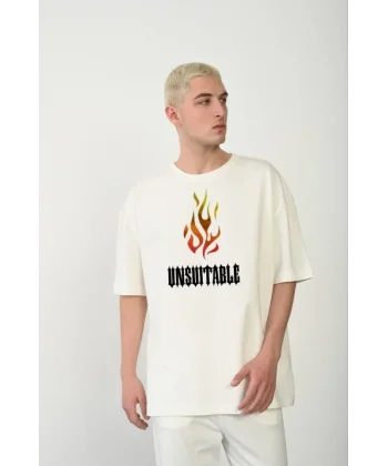 Unisex Bisiklet Yaka Baskılı Oversize T-Shirt - Beyaz