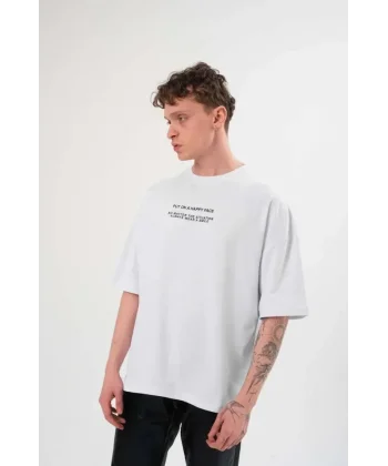 Unisex Bisiklet Yaka Baskılı Oversize T-Shirt - Beyaz