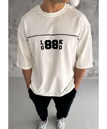 Unisex Bisiklet Yaka Baskılı Oversize T-Shirt - Beyaz