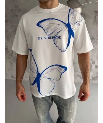 Unisex Bisiklet Yaka Baskılı Oversize T-Shirt - Beyaz