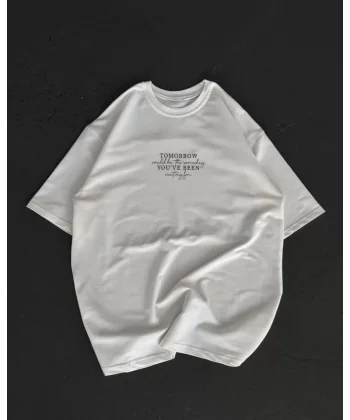 Unisex Bisiklet Yaka Baskılı Oversize T-Shirt - Beyaz