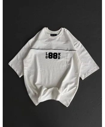 Unisex Bisiklet Yaka Baskılı Oversize T-Shirt - Beyaz