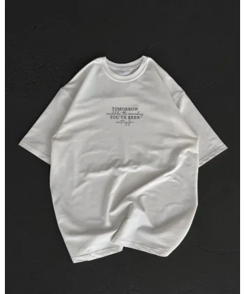 Unisex Bisiklet Yaka Baskılı Oversize T-Shirt - Beyaz