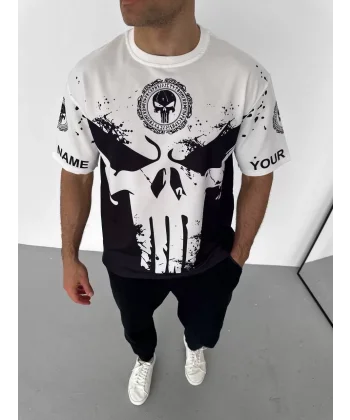 Unisex Bisiklet Yaka Baskılı Oversize T-Shirt - Beyaz