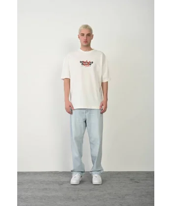 Unisex Bisiklet Yaka Baskılı Oversize T-Shirt - Beyaz