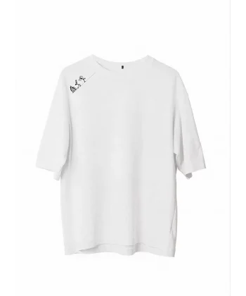 Unisex Bisiklet Yaka Baskılı Oversize T-Shirt - Beyaz