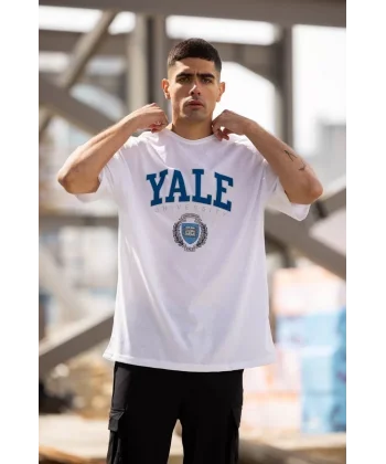 Unisex Bisiklet Yaka Baskılı Oversize T-Shirt - Beyaz