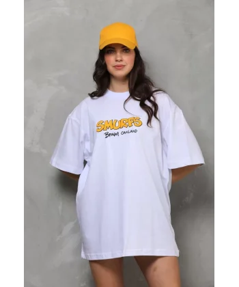 Unisex Bisiklet Yaka Baskılı Oversize T-Shirt - Beyaz