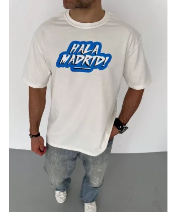 Unisex Bisiklet Yaka Baskılı Oversize T-Shirt - Beyaz