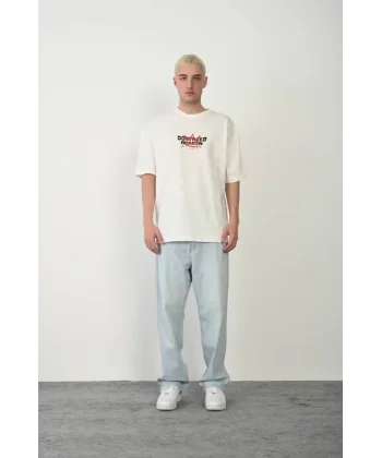 Unisex Bisiklet Yaka Baskılı Oversize T-Shirt - Beyaz