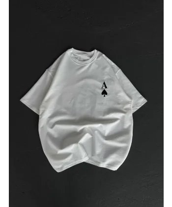 Unisex Bisiklet Yaka Baskılı Oversize T-Shirt - Beyaz