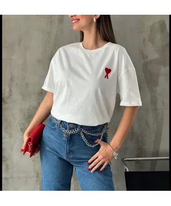 Unisex Bisiklet Yaka Baskılı Oversize T-Shirt - Beyaz