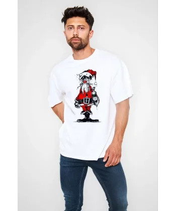 Unisex Bisiklet Yaka Baskılı Oversize T-Shirt - Beyaz