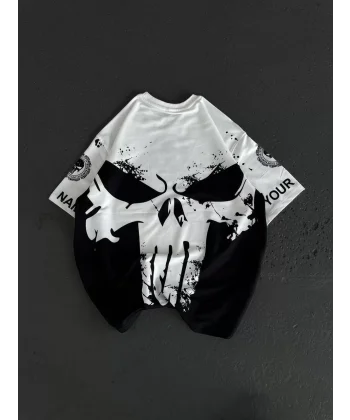 Unisex Bisiklet Yaka Baskılı Oversize T-Shirt - Beyaz