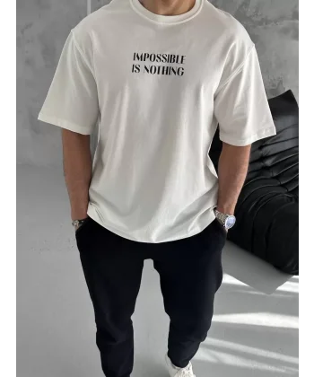 Unisex Bisiklet Yaka Baskılı Oversize T-Shirt - Beyaz