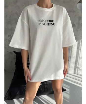 Unisex Bisiklet Yaka Baskılı Oversize T-Shirt - Beyaz