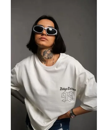 Unisex Bisiklet Yaka Baskılı Oversize T-Shirt - Beyaz