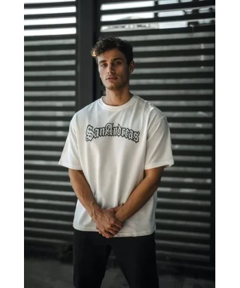 Unisex Bisiklet Yaka Baskılı Oversize T-Shirt - Beyaz