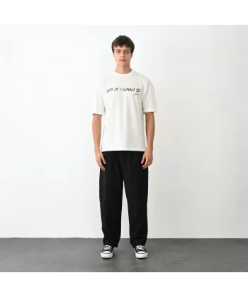 Unisex Bisiklet Yaka Baskılı Oversize T-Shirt - Beyaz