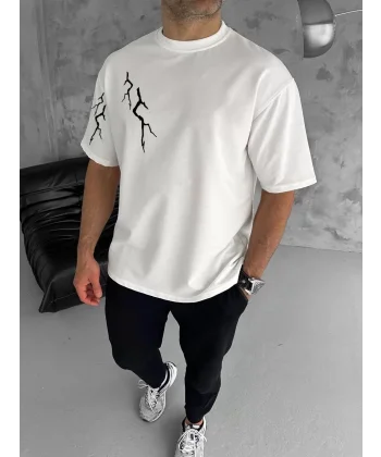 Unisex Bisiklet Yaka Baskılı Oversize T-Shirt - Beyaz