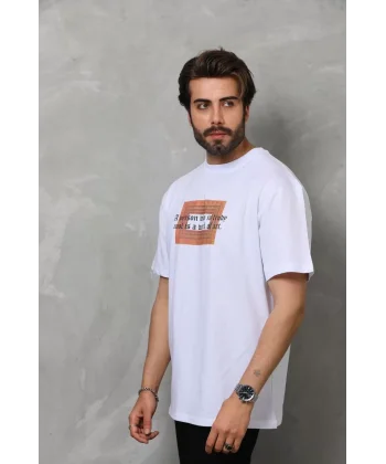 Unisex Bisiklet Yaka Baskılı Oversize T-Shirt - Beyaz