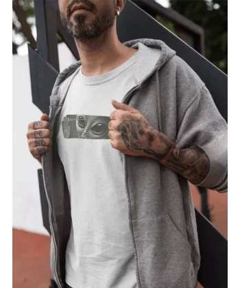 Unisex Bisiklet Yaka Baskılı Oversize T-Shirt - Beyaz