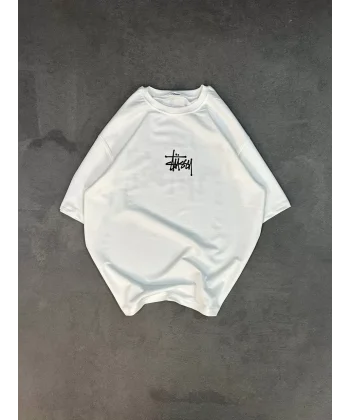 Unisex Bisiklet Yaka Baskılı Oversize T-Shirt - Beyaz