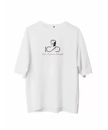 Unisex Bisiklet Yaka Baskılı Oversize T-Shirt - Beyaz