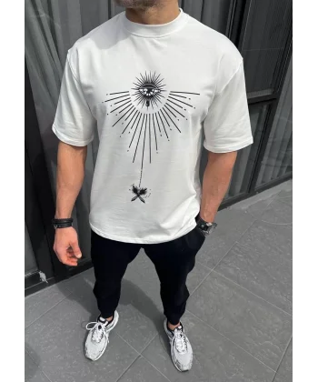 Unisex Bisiklet Yaka Baskılı Oversize T-Shirt - Beyaz