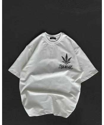 Unisex Bisiklet Yaka Baskılı Oversize T-Shirt - Beyaz