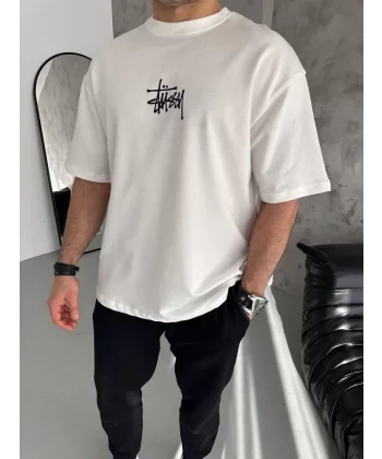 Unisex Bisiklet Yaka Baskılı Oversize T-Shirt - Beyaz