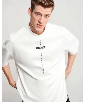 Unisex Bisiklet Yaka Baskılı Oversize T-Shirt - Beyaz