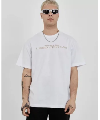 Unisex Bisiklet Yaka Baskılı Oversize T-Shirt - Beyaz
